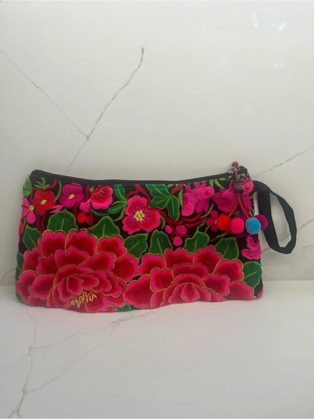 Boho Embroidered Floral Wristlet Clutch | Pom Pom Tassel | Artisan